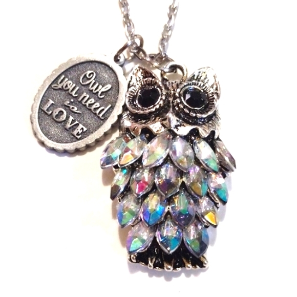 KOLE JAX DESIGNS IRIDESCENT RAINBOW GLASS OWL PENDANT SILVER-TONE 24" NECKLACE - Picture 2 of 10